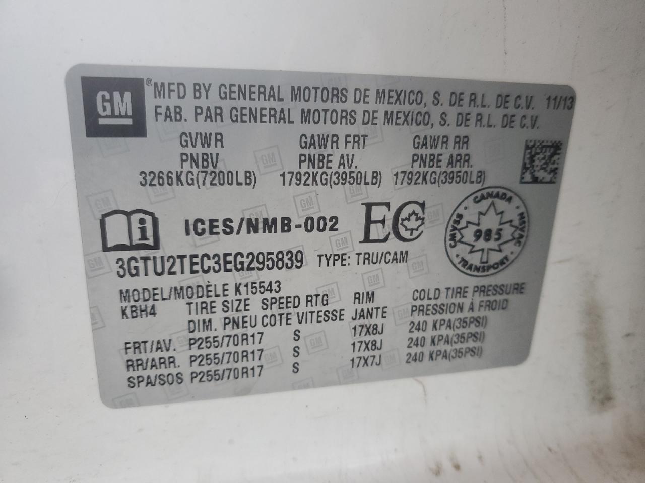 2014 GMC Sierra K1500 VIN: 3GTU2TEC3EG295839 Lot: 93683185