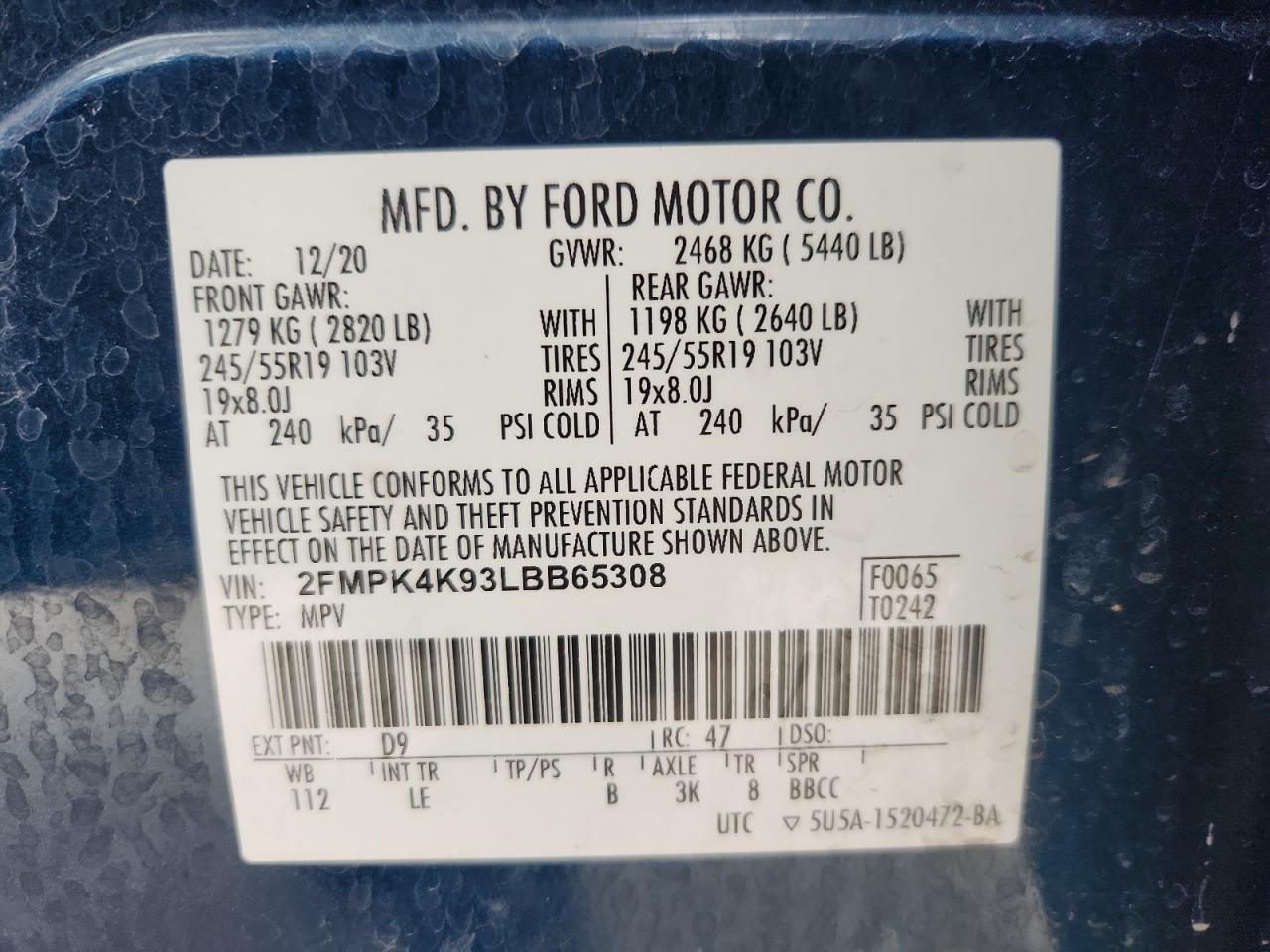 2020 Ford Edge Titanium VIN: 2FMPK4K93LBB65308 Lot: 92473105