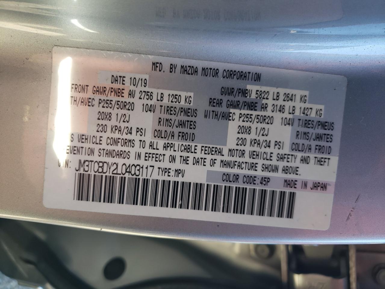 2020 Mazda Cx-9 Grand Touring VIN: JM3TCBDY2L0403117 Lot: 92354645