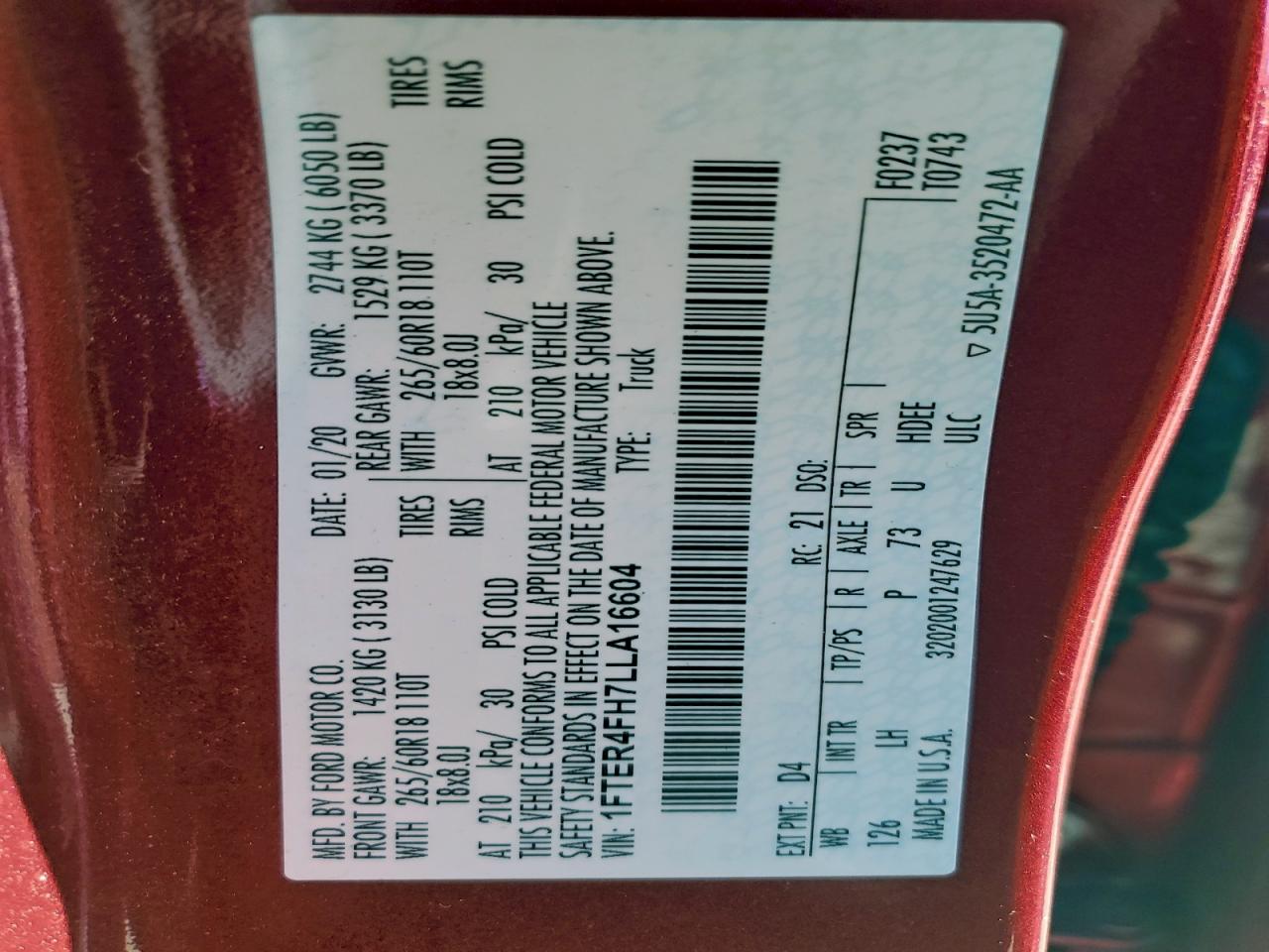 2020 Ford Ranger Xl VIN: 1FTER4FH7LLA16604 Lot: 93835925