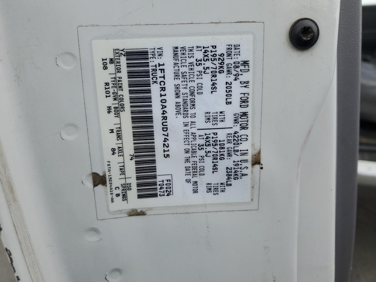 1994 Ford Ranger VIN: 1FTCR10A4RUD74215 Lot: 92751385