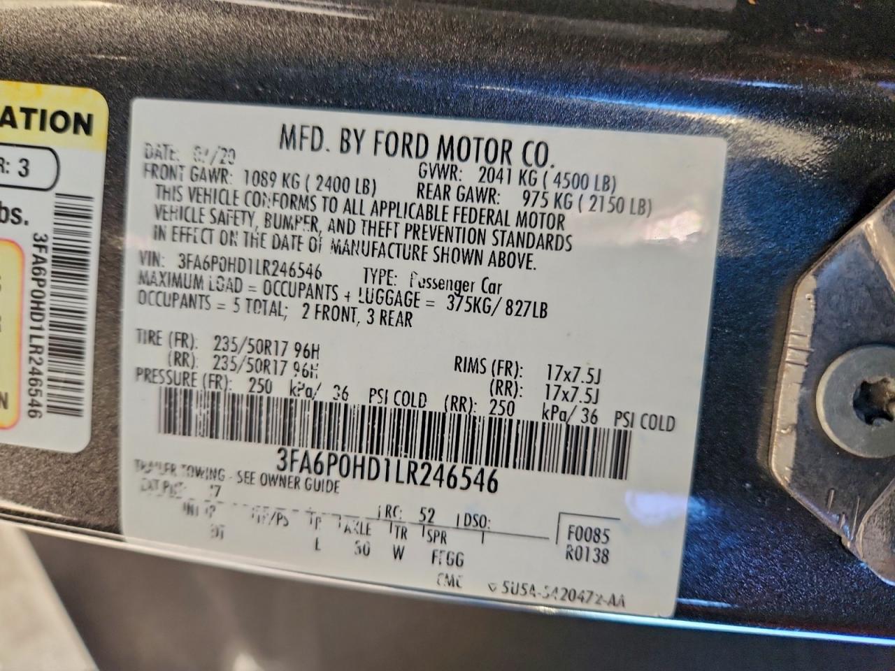 2020 Ford Fusion Se VIN: 3FA6P0HD1LR246546 Lot: 94630835