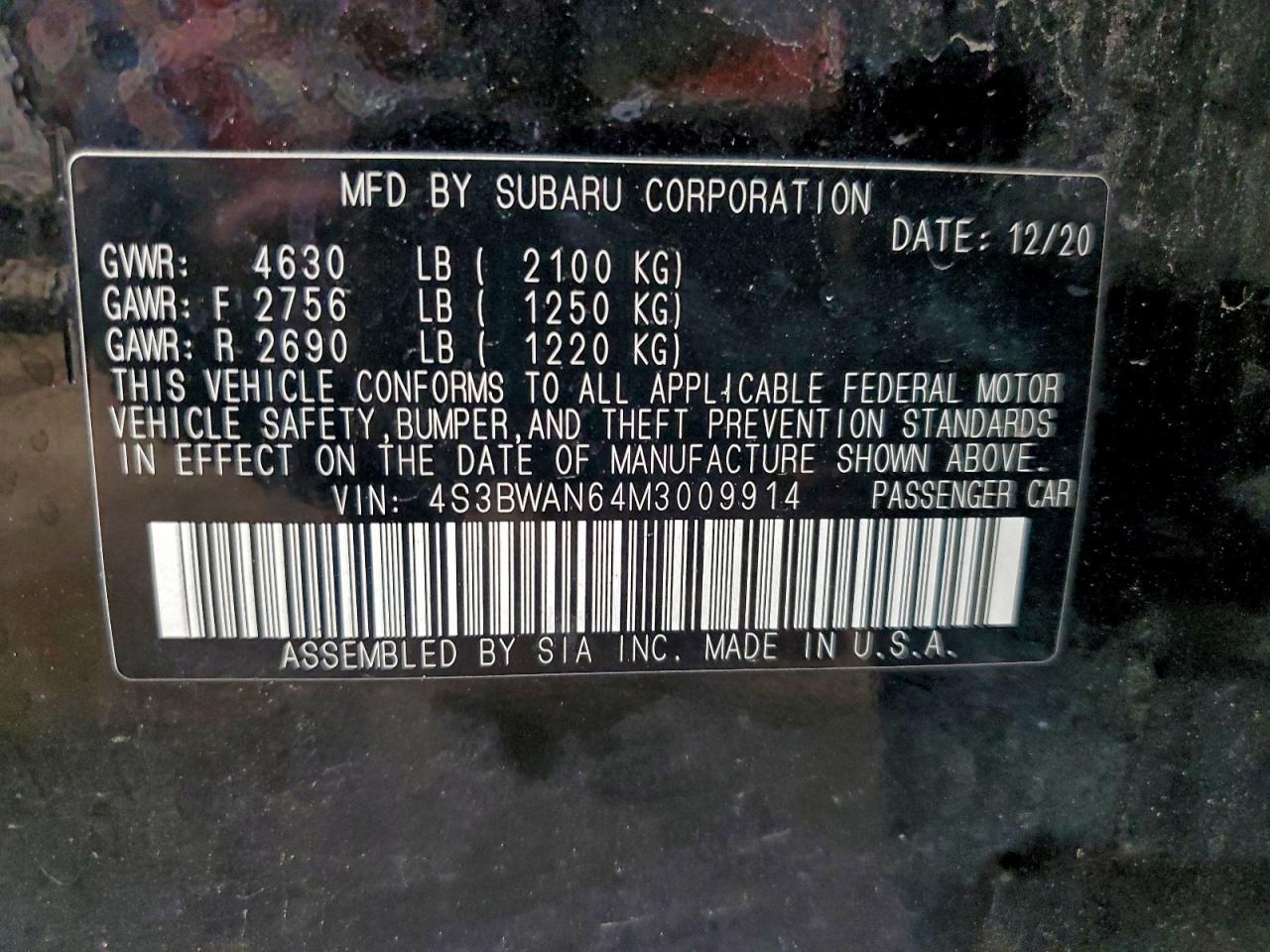 2021 Subaru Legacy Limited VIN: 4S3BWAN64M3009914 Lot: 94757025