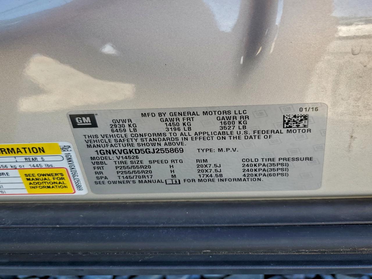 2016 Chevrolet Traverse Lt VIN: 1GNKVGKD5GJ255869 Lot: 91717335