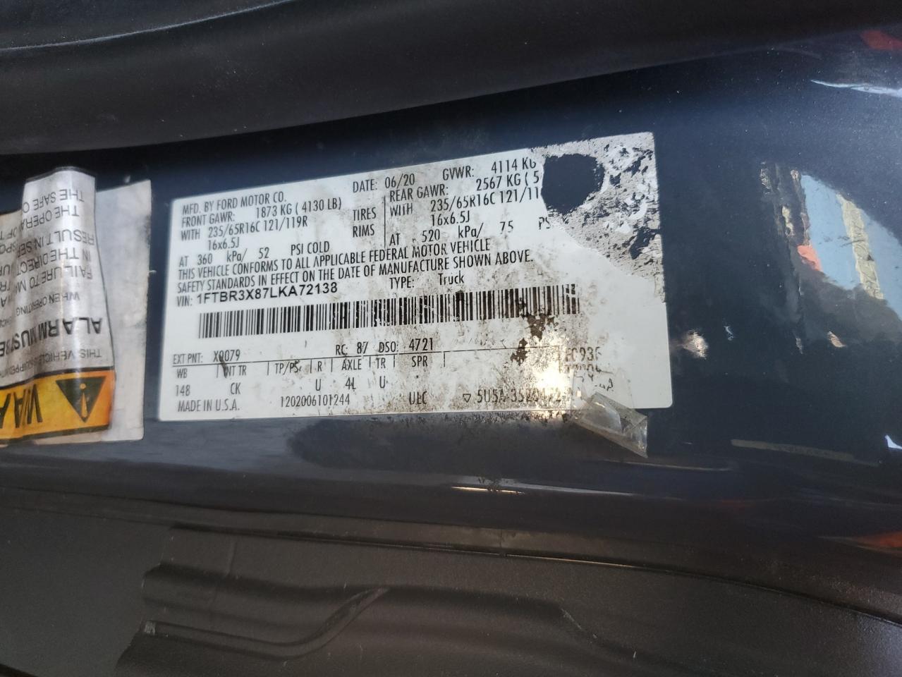 2020 Ford Transit 250 Delivery Van VIN: 1FTBR3X87LKA72138 Lot: 90231575