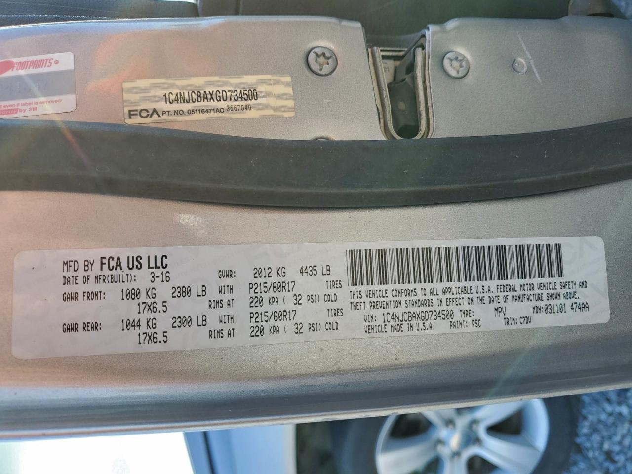 2016 Jeep Compass Sport VIN: 1C4NJCBA9GD743500 Lot: 94099405