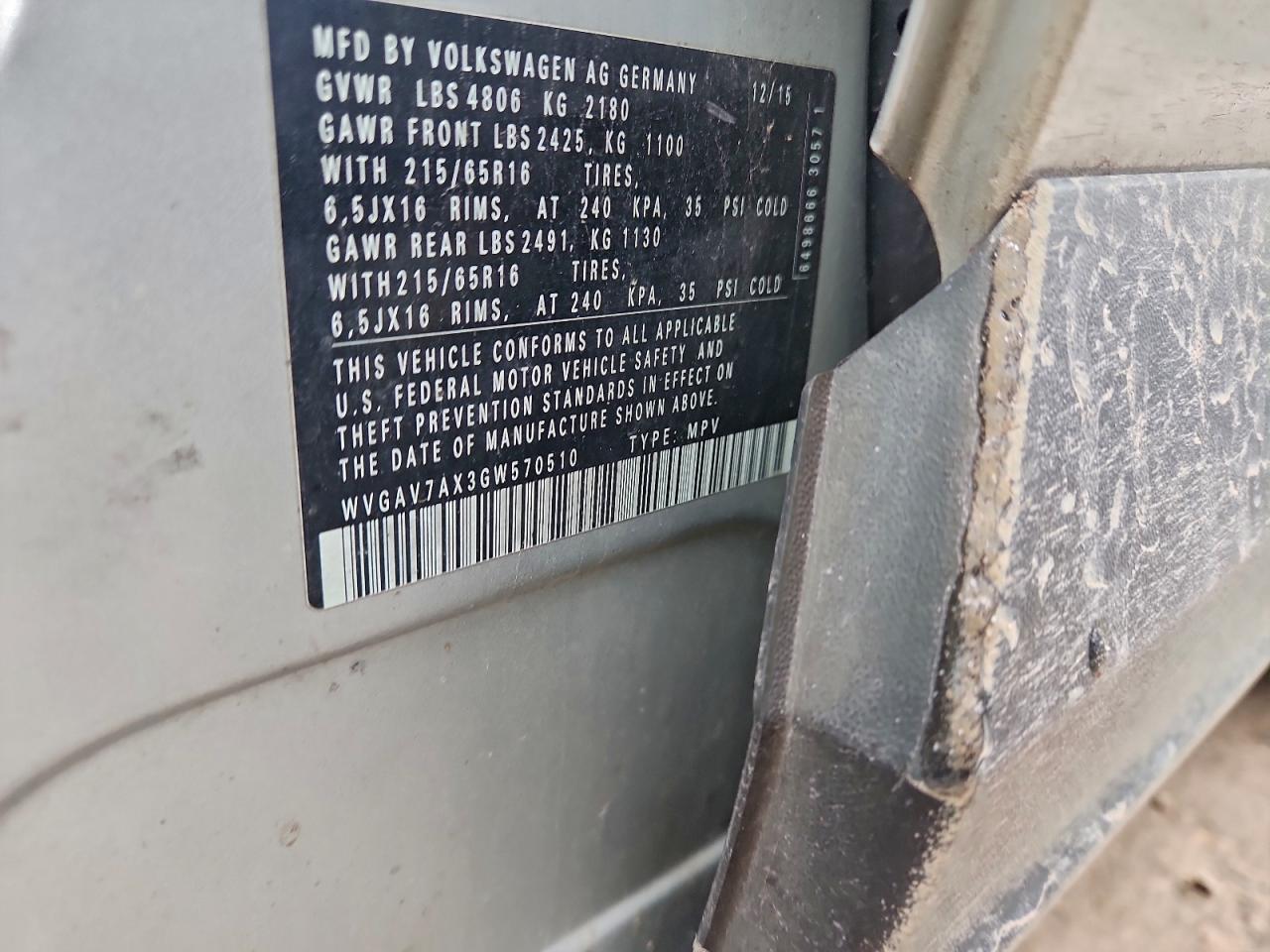 2016 Volkswagen Tiguan S VIN: WVGAV7AX3GW570510 Lot: 94695175