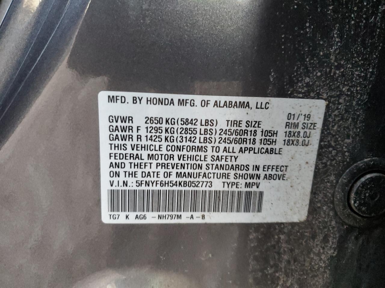 2019 Honda Pilot Exl VIN: 5FNYF6H54KB052773 Lot: 92529725