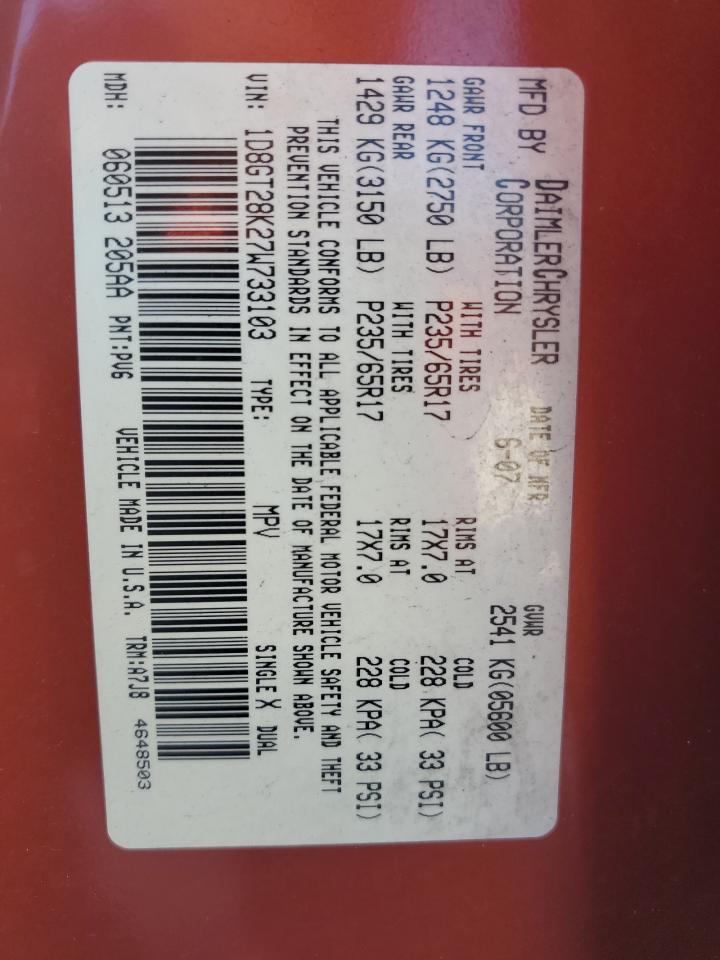 2007 Dodge Nitro Sxt VIN: 1D8GT28K27W733103 Lot: 91527185