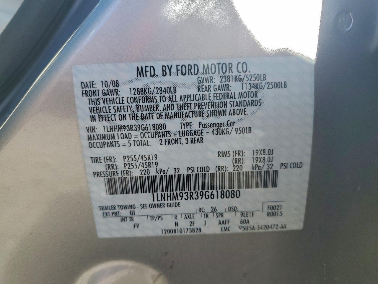 2009 Lincoln Mks VIN: 1LNHM93R39G618080 Lot: 94309435