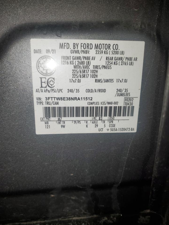 2022 Ford Maverick Xl VIN: 3FTTW8E38NRA11512 Lot: 92038065