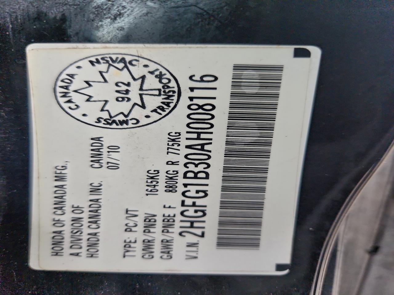 2010 Honda Civic Dx-G VIN: 2HGFG1B30AH008116 Lot: 93833675