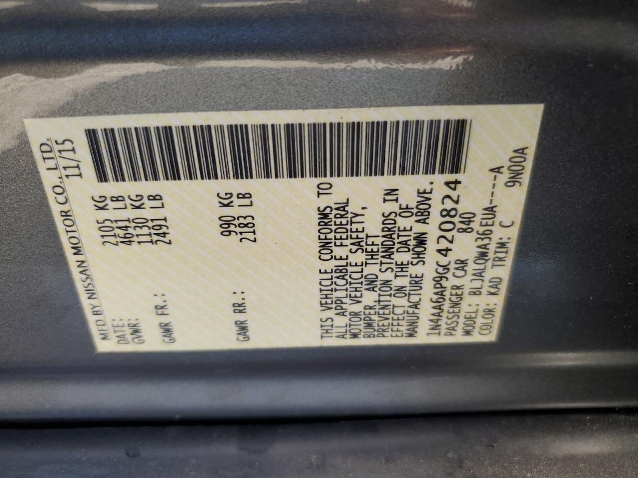 2016 Nissan Maxima 3.5S VIN: 1N4AA6AP9GC420824 Lot: 91898635