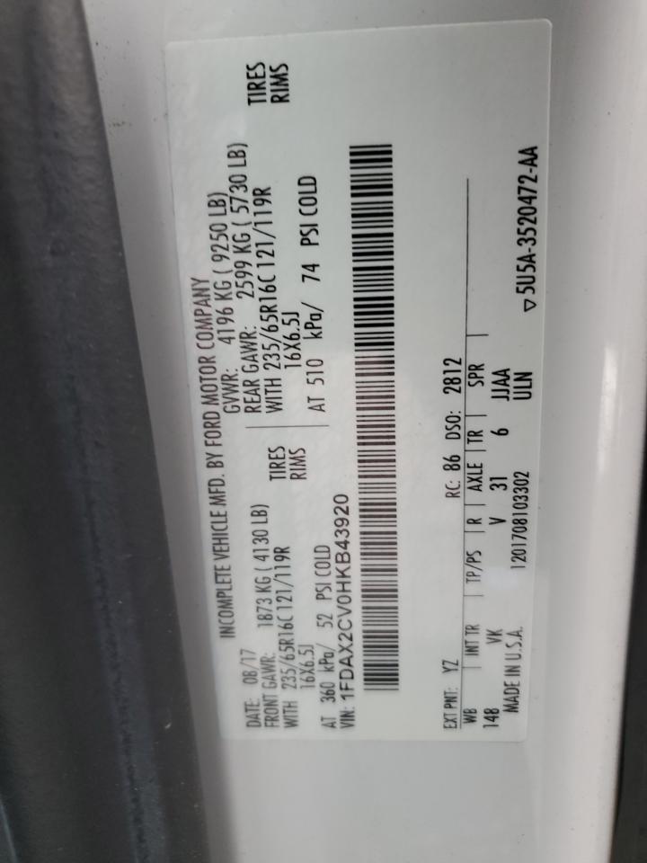 2017 Ford Transit T-350 VIN: 1FDAX2CV0HKB43920 Lot: 91565685