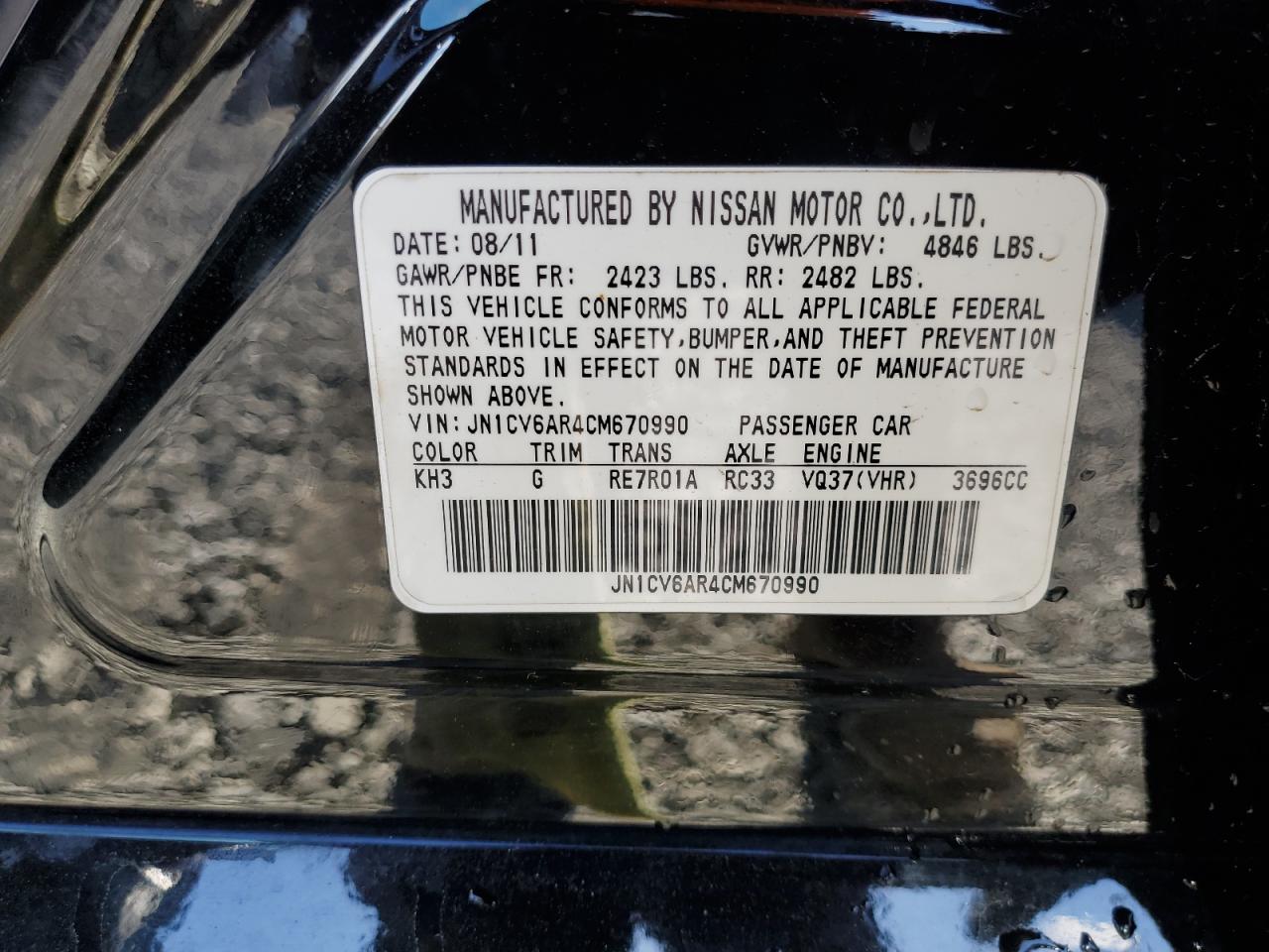 2012 Infiniti G37 VIN: JN1CV6AR4CM670990 Lot: 91713235