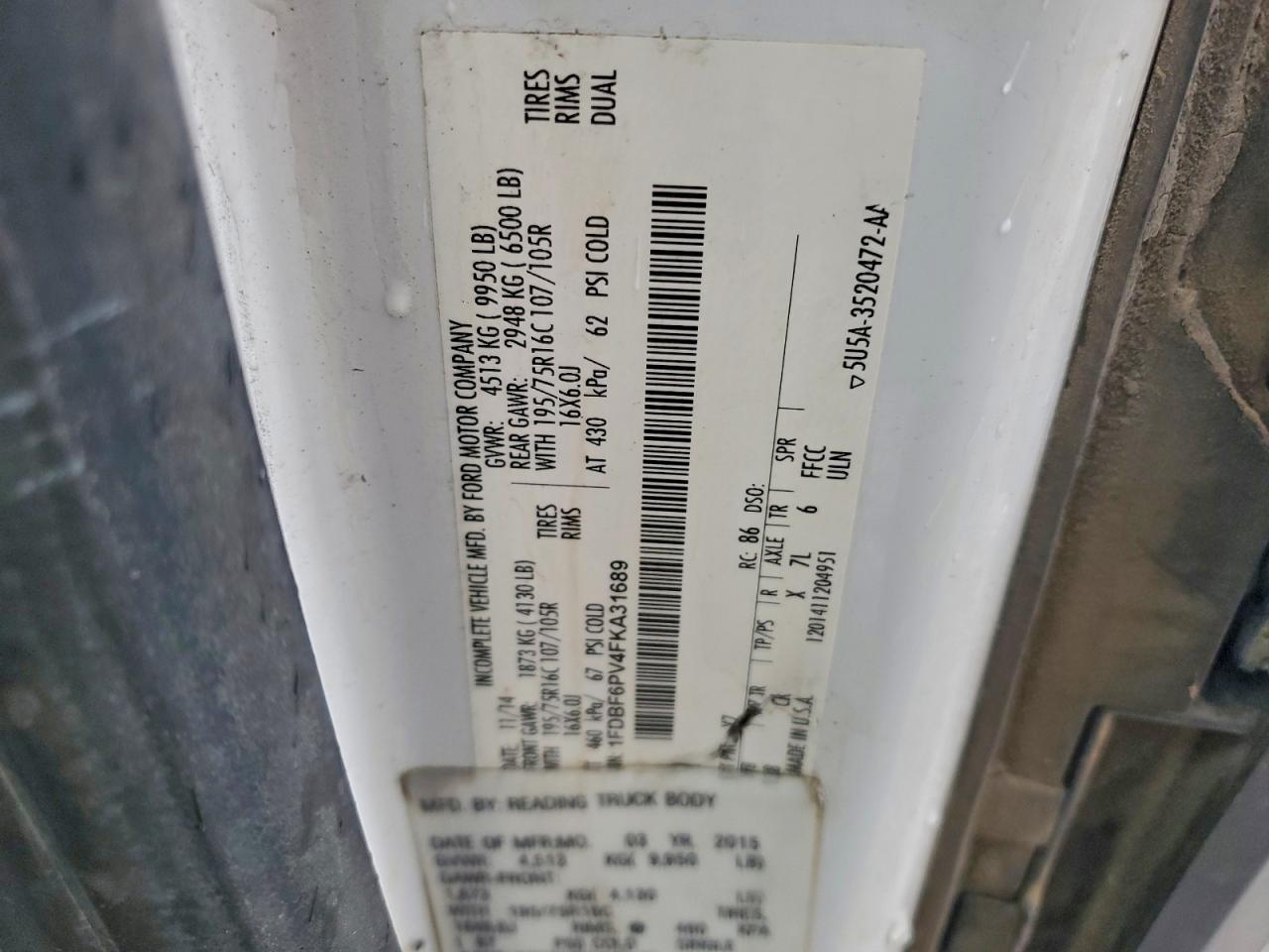 2015 Ford Transit T-350 Hd VIN: 1FDBF6PV4FKA31689 Lot: 94087715