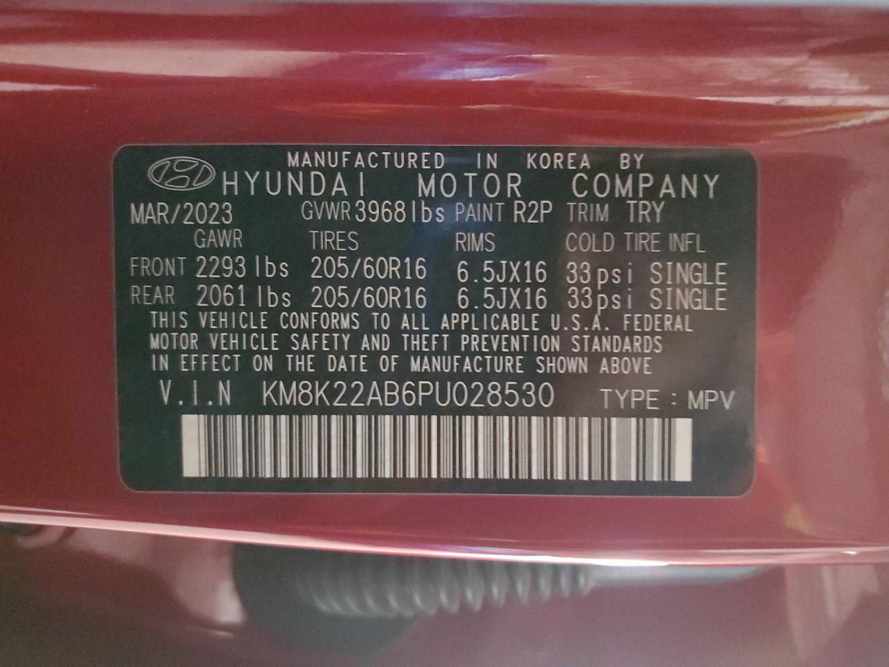 2023 Hyundai Kona Se VIN: KM8K22AB6PU028530 Lot: 91245895