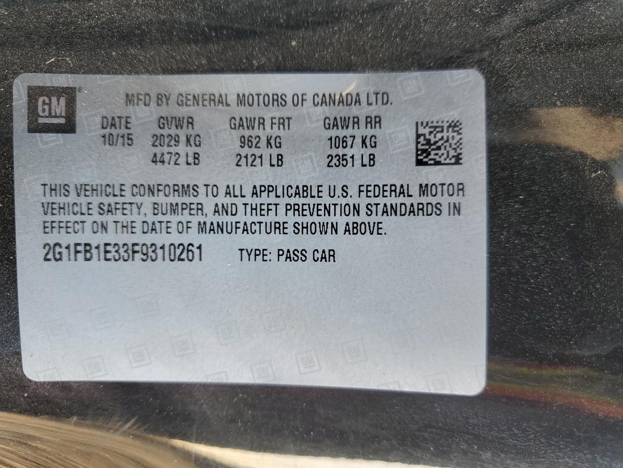 2015 Chevrolet Camaro Ls VIN: 2G1FB1E33F9310261 Lot: 93711465