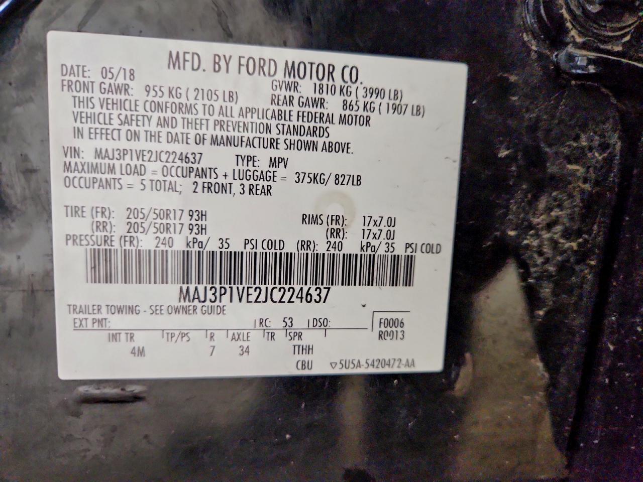 2018 Ford Ecosport Titanium VIN: MAJ3P1VE2JC224637 Lot: 92503645