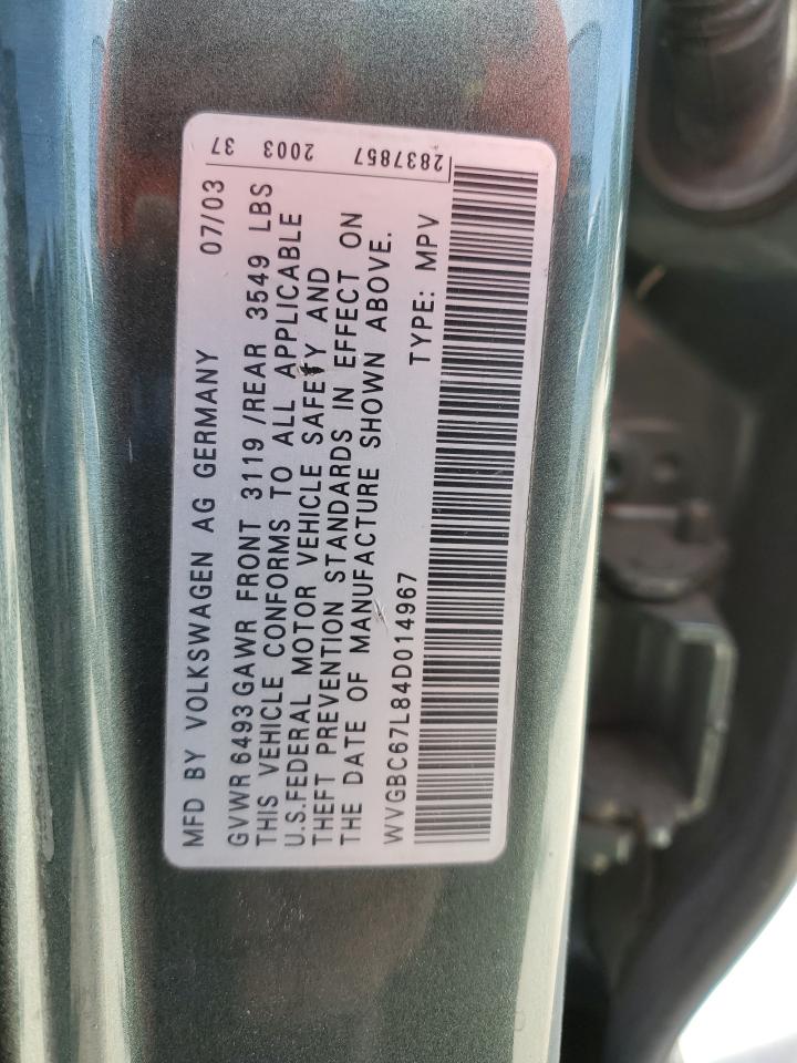 2004 Volkswagen Touareg 3.2 VIN: WVGBC67L84D014967 Lot: 92125885