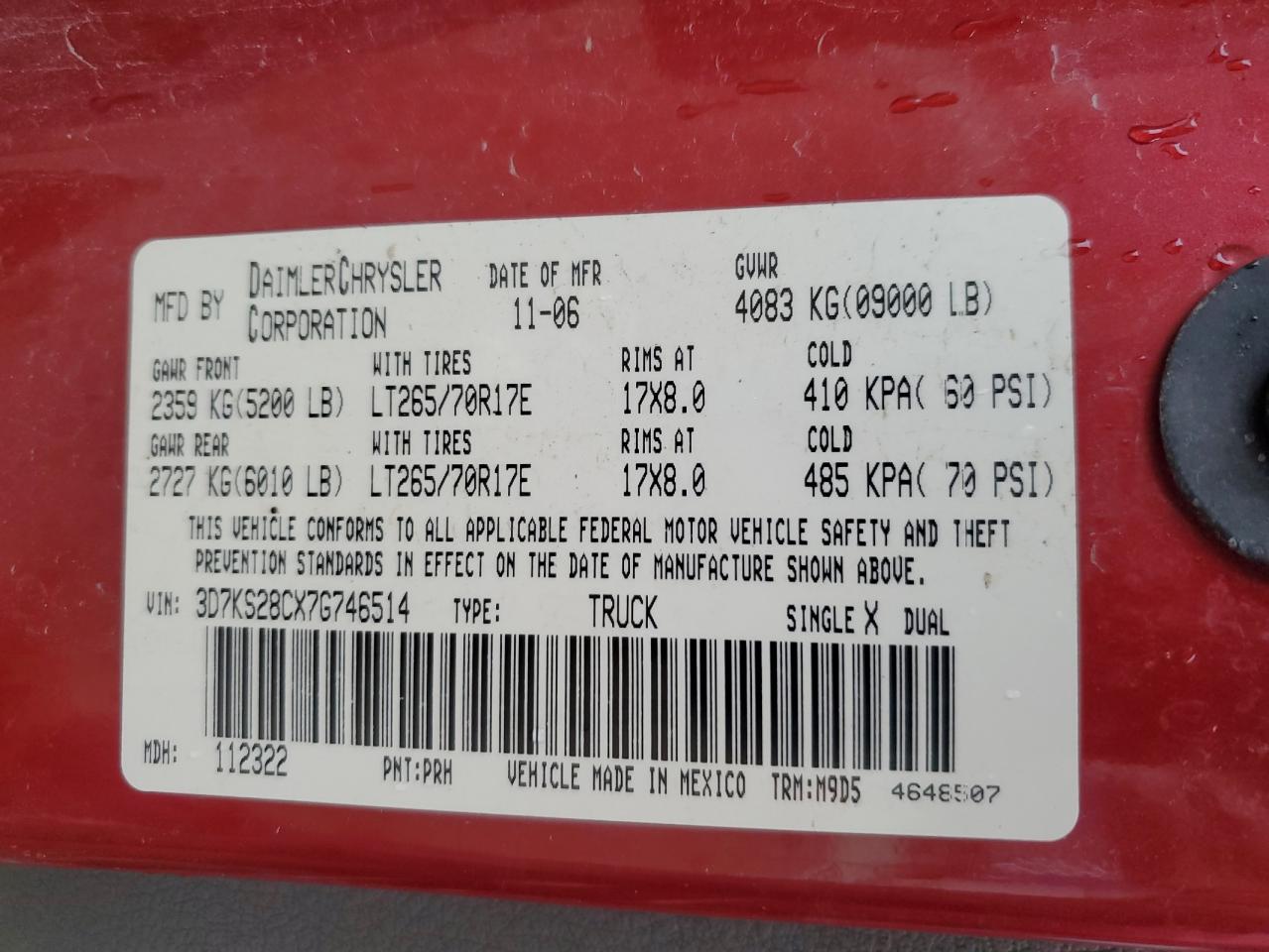 2007 Dodge Ram 2500 St VIN: 3D7KS28CX7G746514 Lot: 93688445