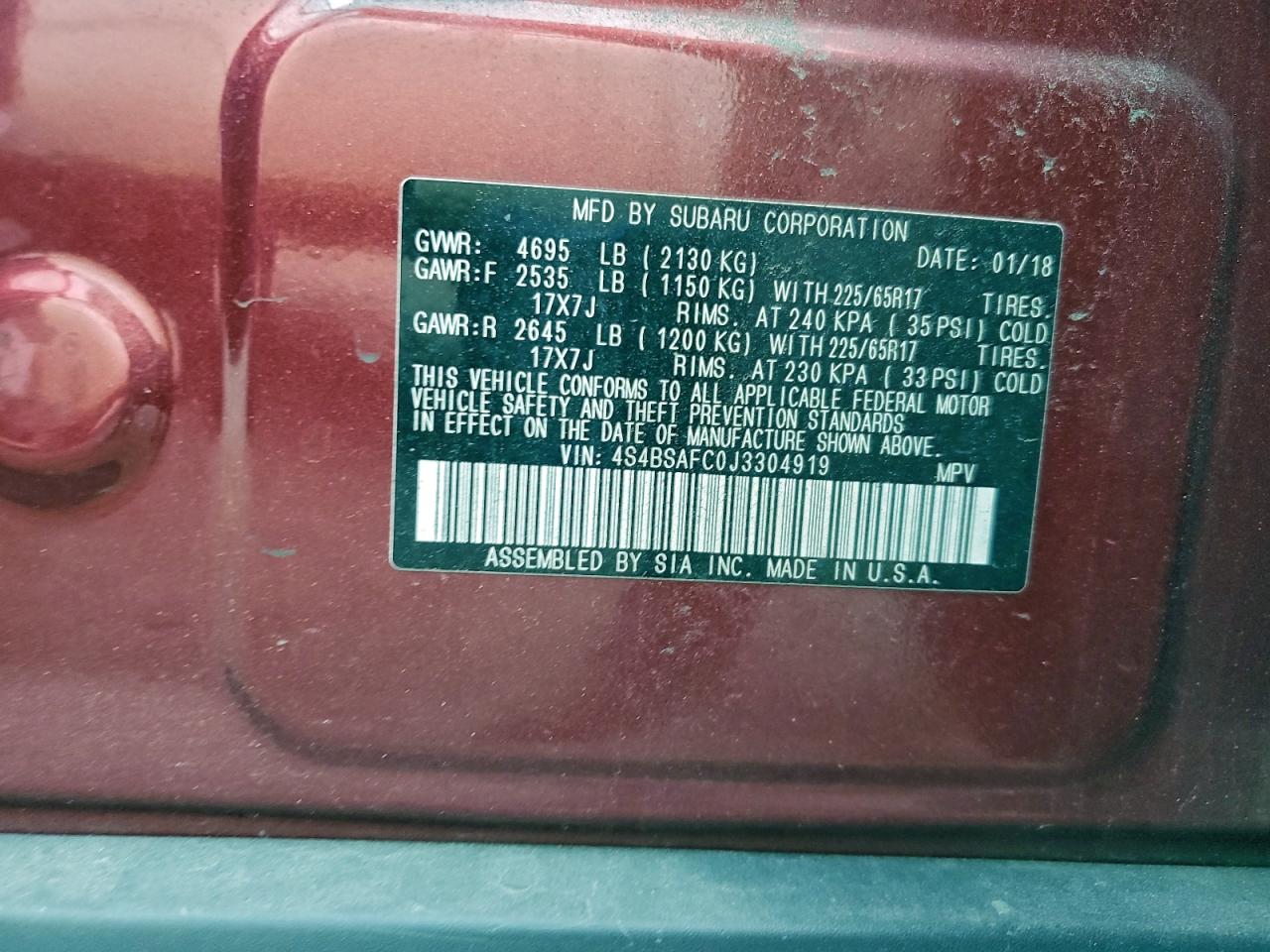 2018 Subaru Outback 2.5I Premium VIN: 4S4BSAFC0J3304919 Lot: 91987365