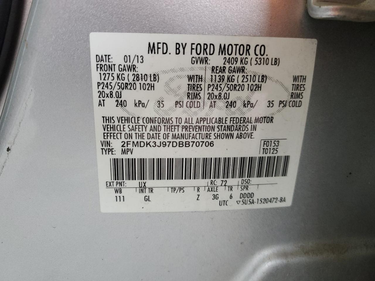 2013 Ford Edge Sel VIN: 2FMDK3J97DBB70706 Lot: 90458045