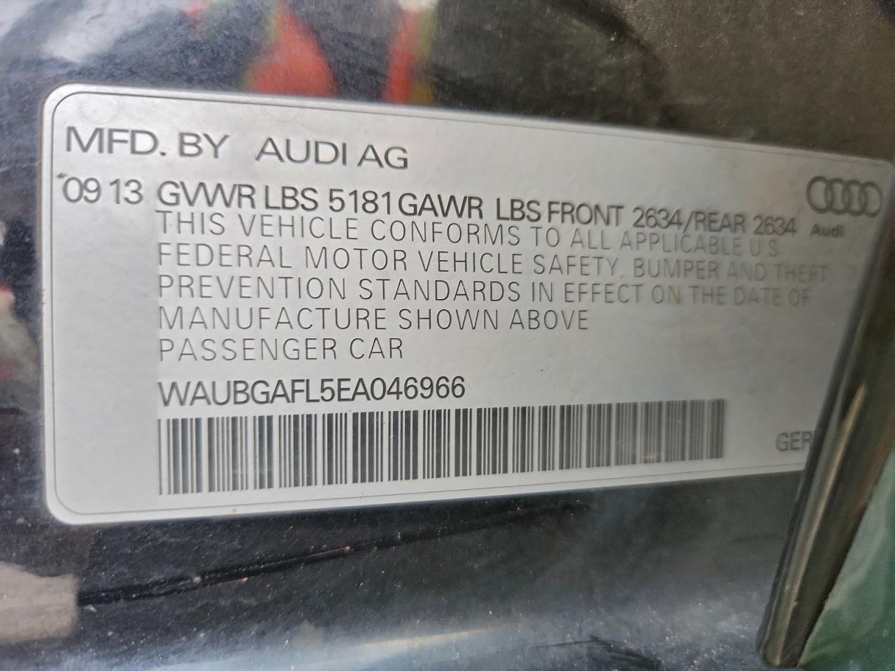 2014 Audi S4 Premium Plus VIN: WAUBGAFL5EA046966 Lot: 93500355