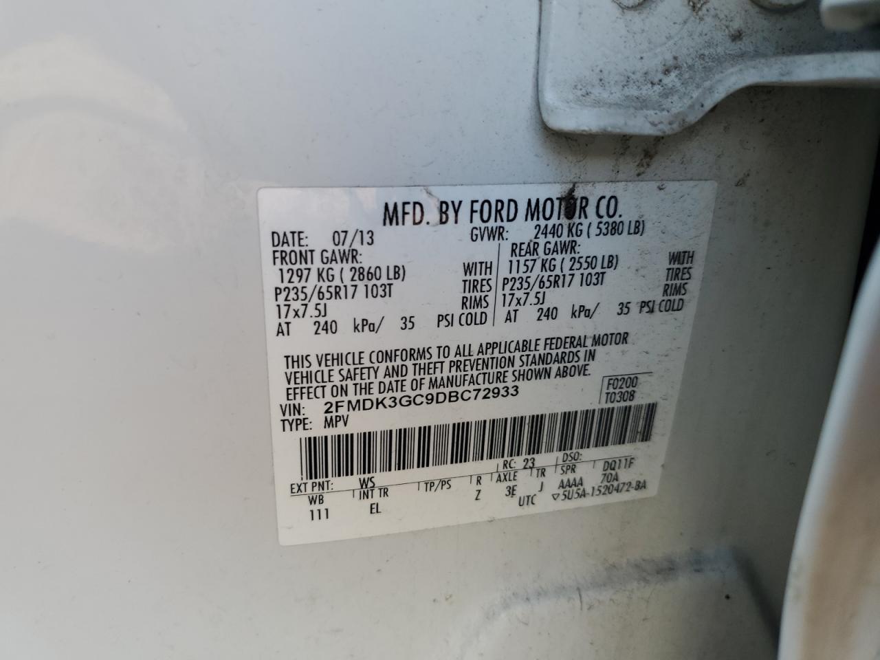 2013 Ford Edge Se VIN: 2FMDK3GC9DBC72933 Lot: 93918865