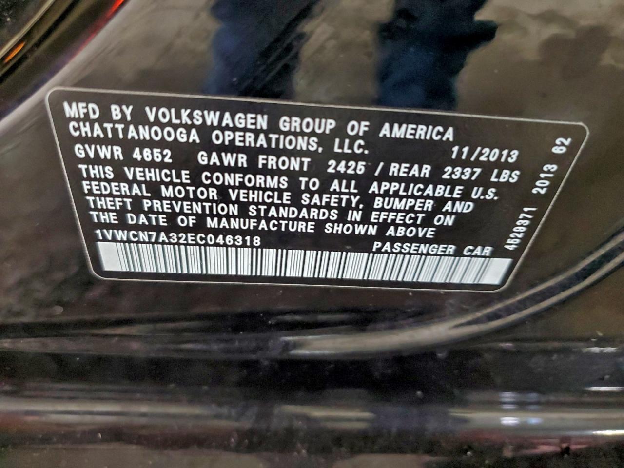 2014 Volkswagen Passat Sel VIN: 1VWCN7A32EC046318 Lot: 94334875
