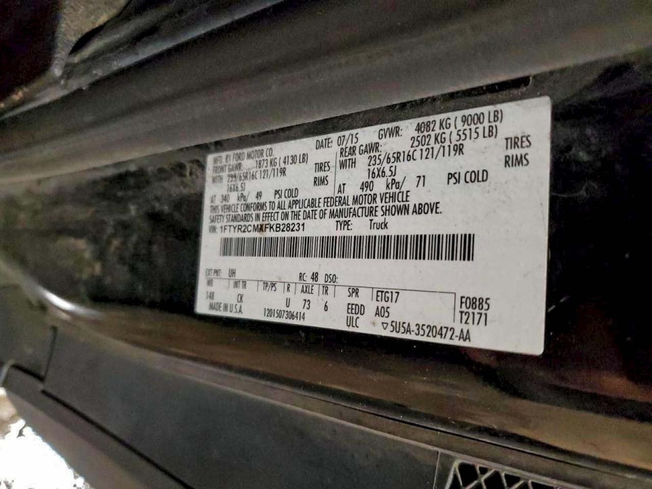 2015 Ford Transit Delivery Van VIN: 1FTYR2CMXFKB28231 Lot: 93765945