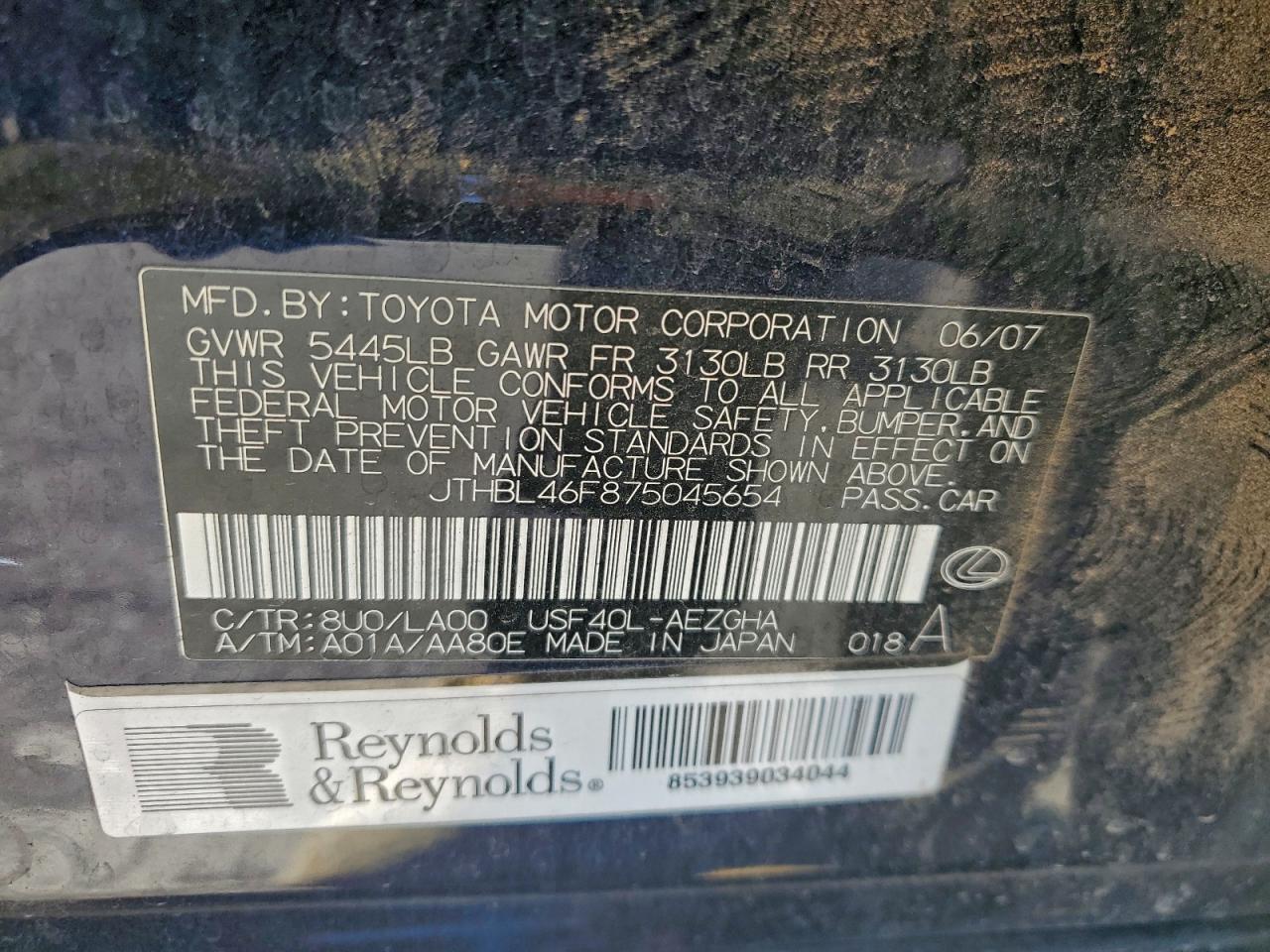 2007 Lexus Ls 460 VIN: JTHBL46F875045654 Lot: 94272825