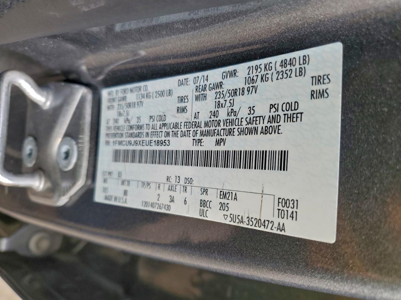 2014 Ford Escape Titanium VIN: 1FMCU9J9XEUE18953 Lot: 93489635