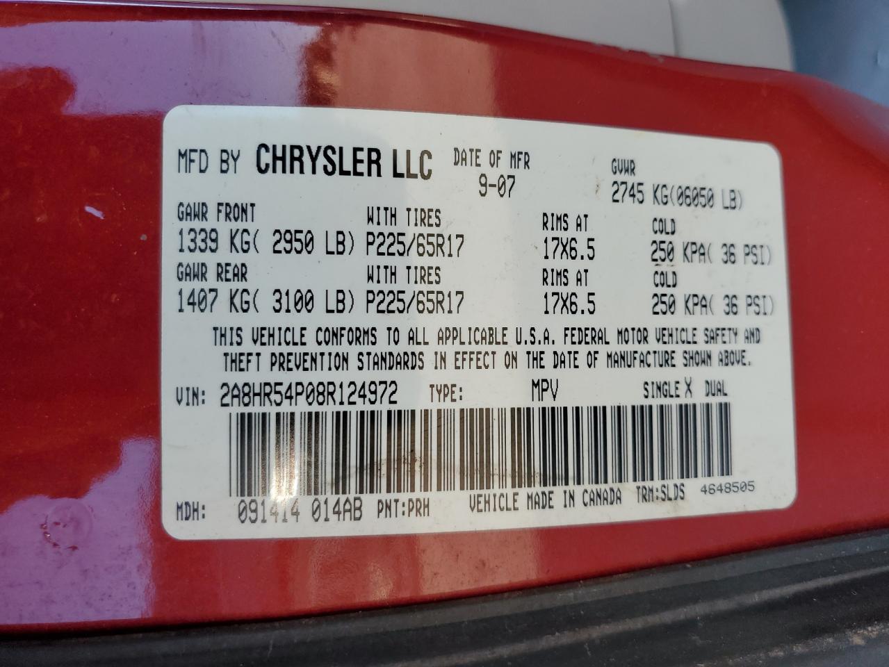 2008 Chrysler Town & Country Touring VIN: 2A8HR54P08R124972 Lot: 90713205