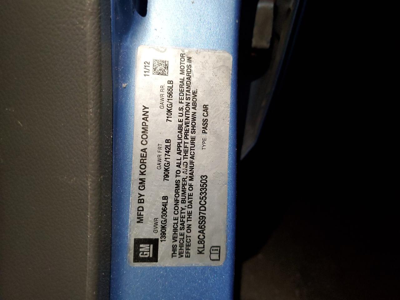 2013 Chevrolet Spark Ls VIN: KL8CA6S97DC533503 Lot: 85528475