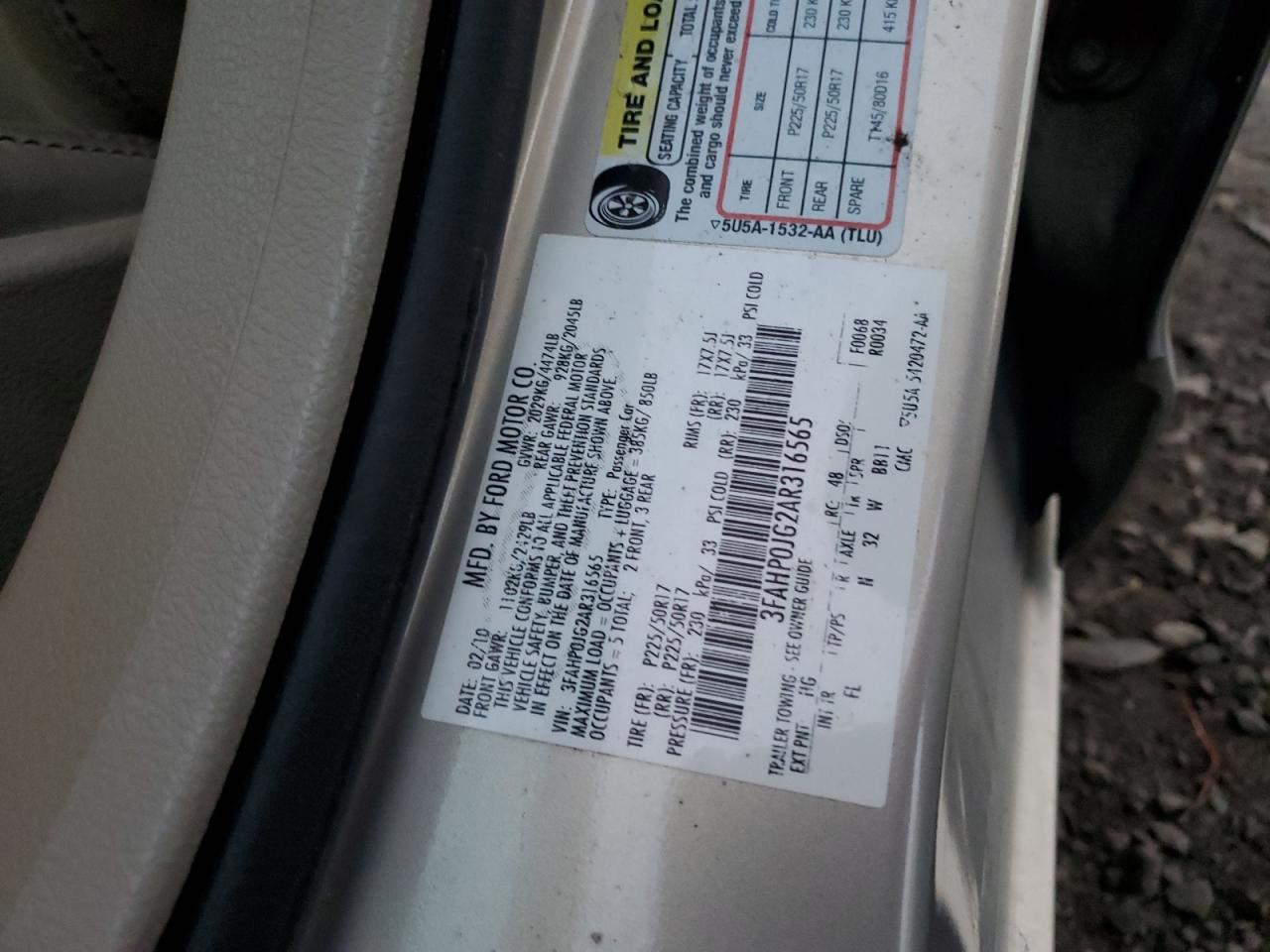 2010 Ford Fusion Sel VIN: 3FAHP0JG2AR316565 Lot: 93484815