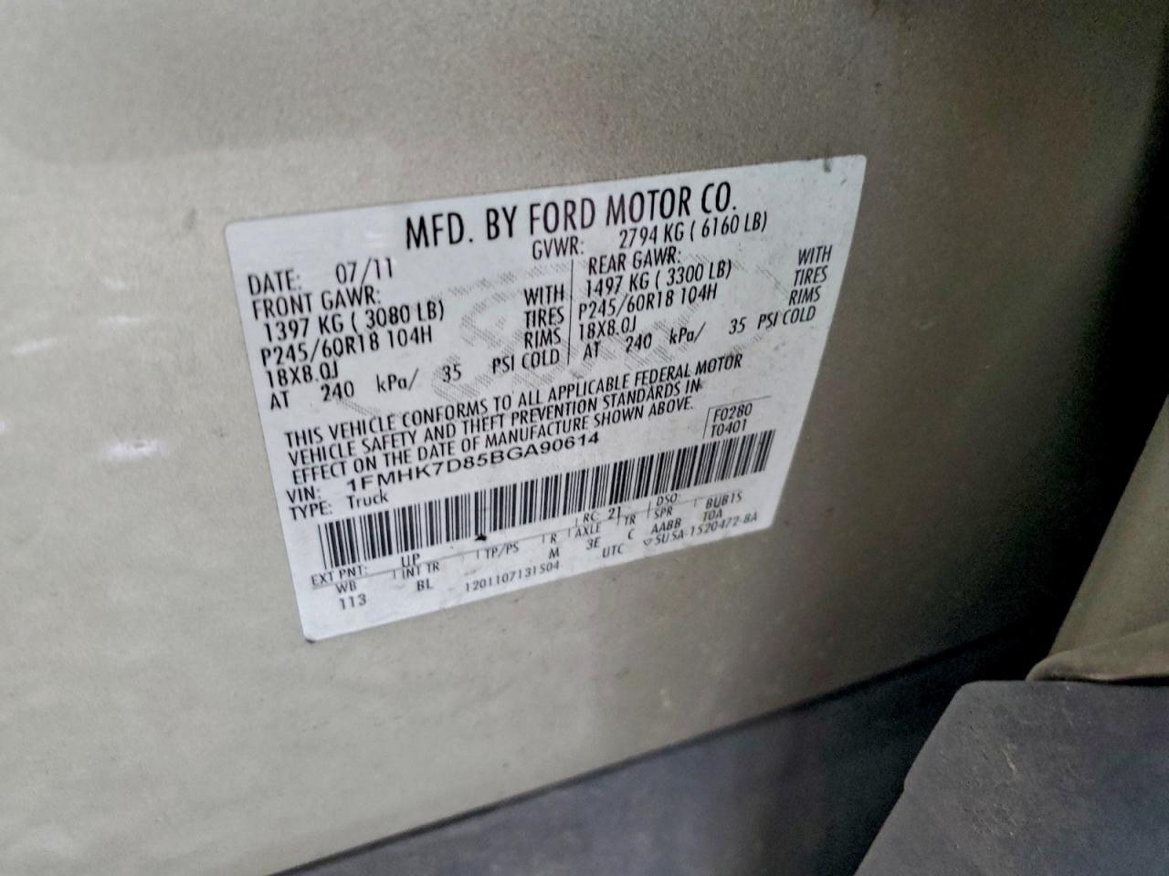 2011 Ford Explorer Xlt VIN: 1FMHK7D85BGA90614 Lot: 93425975