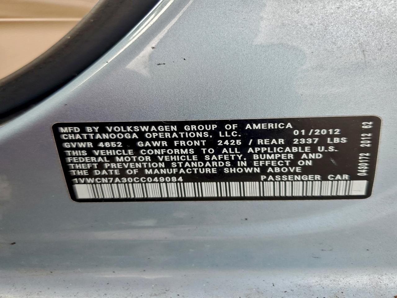 2012 Volkswagen Passat Sel VIN: 1VWCN7A30CC049084 Lot: 94531705