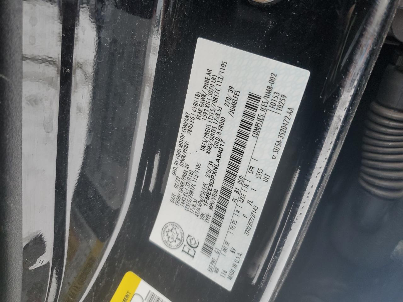 2022 Ford Bronco Base VIN: 1FMEE5DPXNLA84017 Lot: 92249105