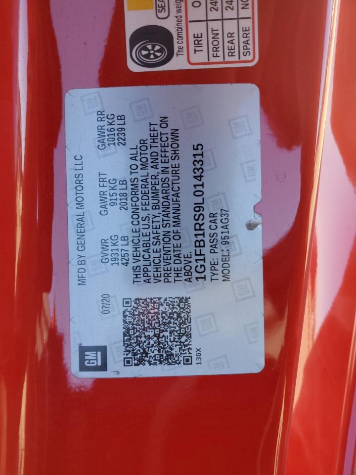 2020 Chevrolet Camaro Ls VIN: 1G1FB1RS9L0143315 Lot: 92735735