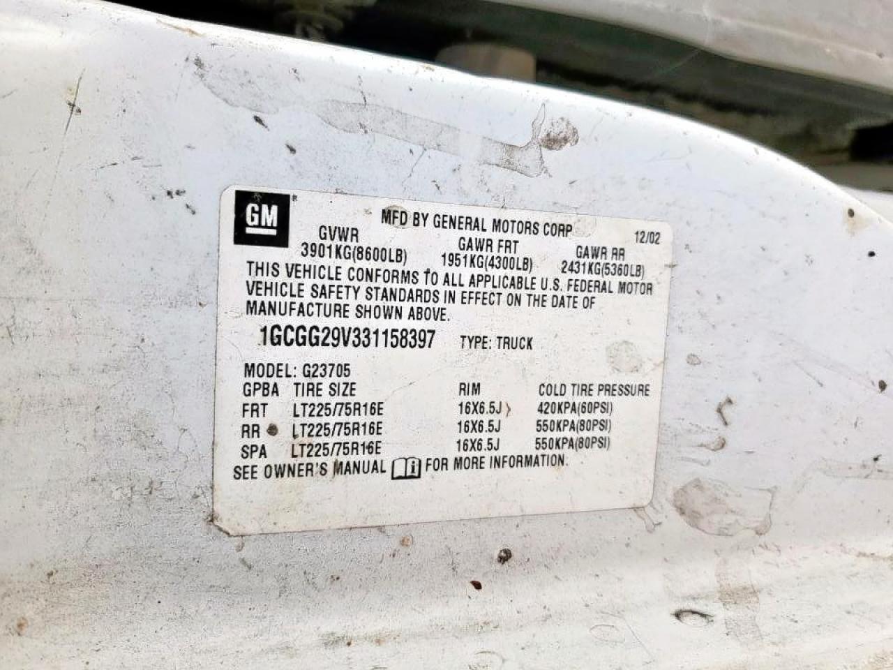 2003 Chevrolet Express Delivery Van VIN: 1GCGG29V331158397 Lot: 91885695