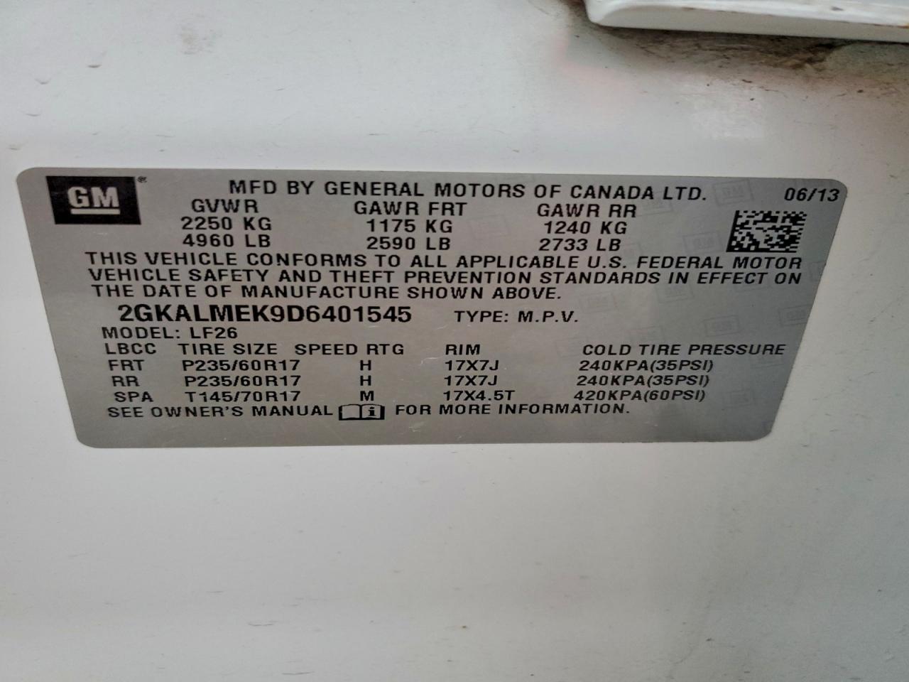 2013 GMC Terrain Sle VIN: 2GKALMEK9D6401545 Lot: 94129055