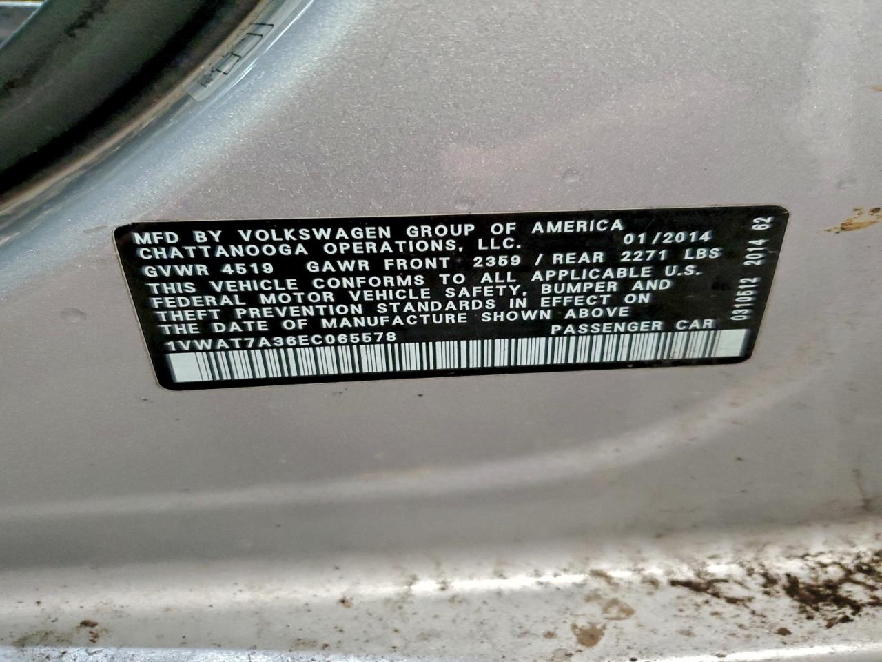 2014 Volkswagen Passat S VIN: 1VWAT7A36EC065578 Lot: 94243215