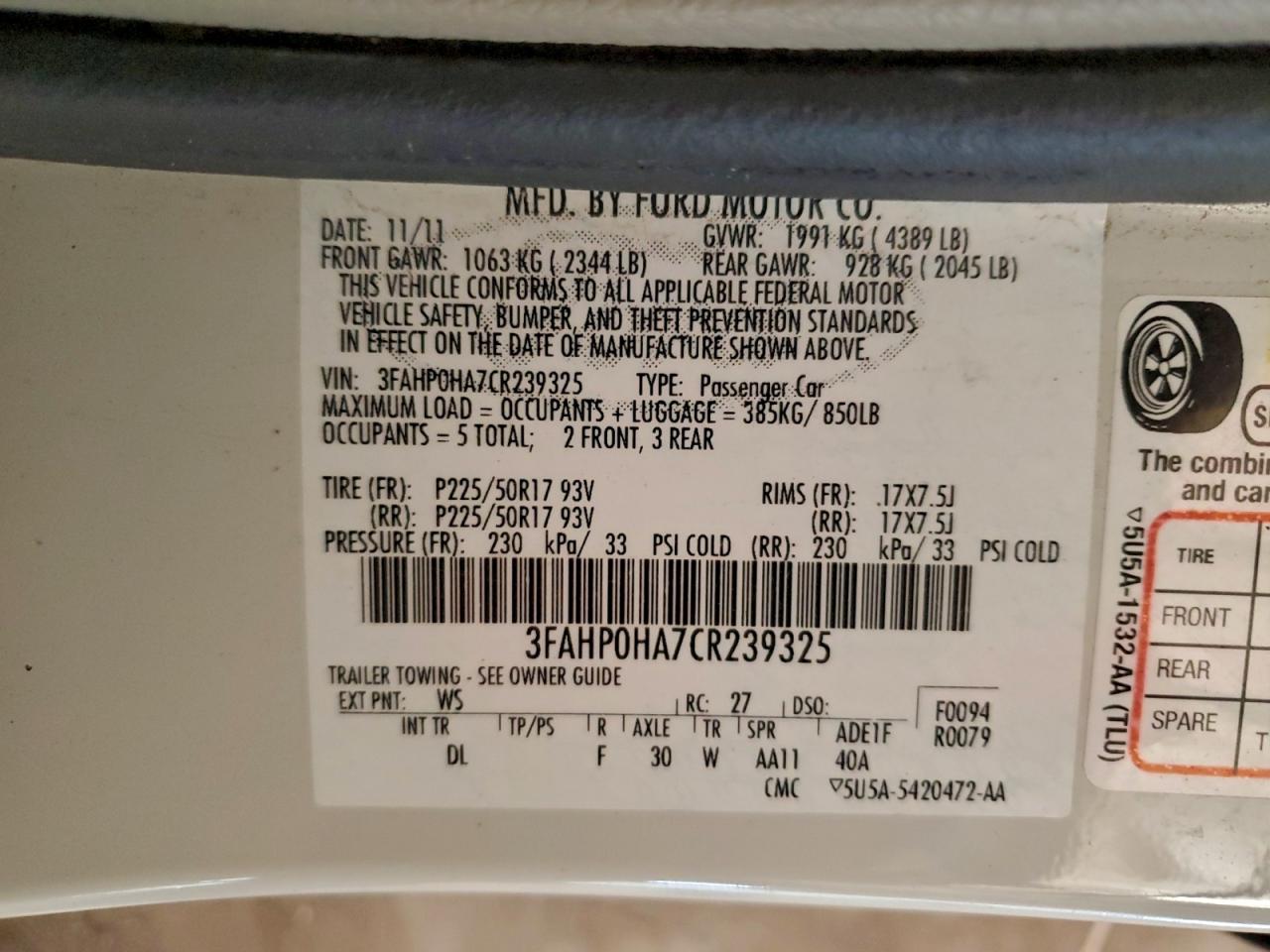 2012 Ford Fusion Se VIN: 3FAHP0HA7CR239325 Lot: 94711165