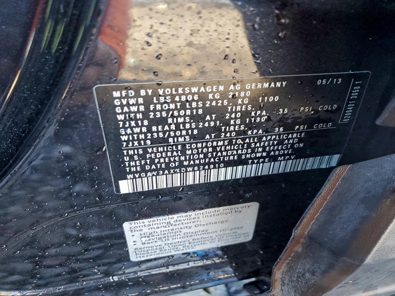 2013 Volkswagen Tiguan S VIN: WVGAV3AXXDW624910 Lot: 94056005