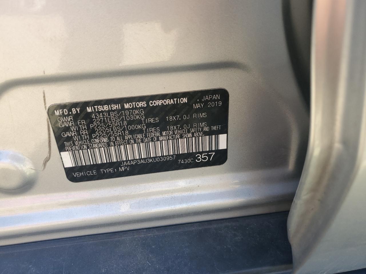 2019 Mitsubishi Outlander Sport Es VIN: JA4AP3AU3KU030957 Lot: 91531035