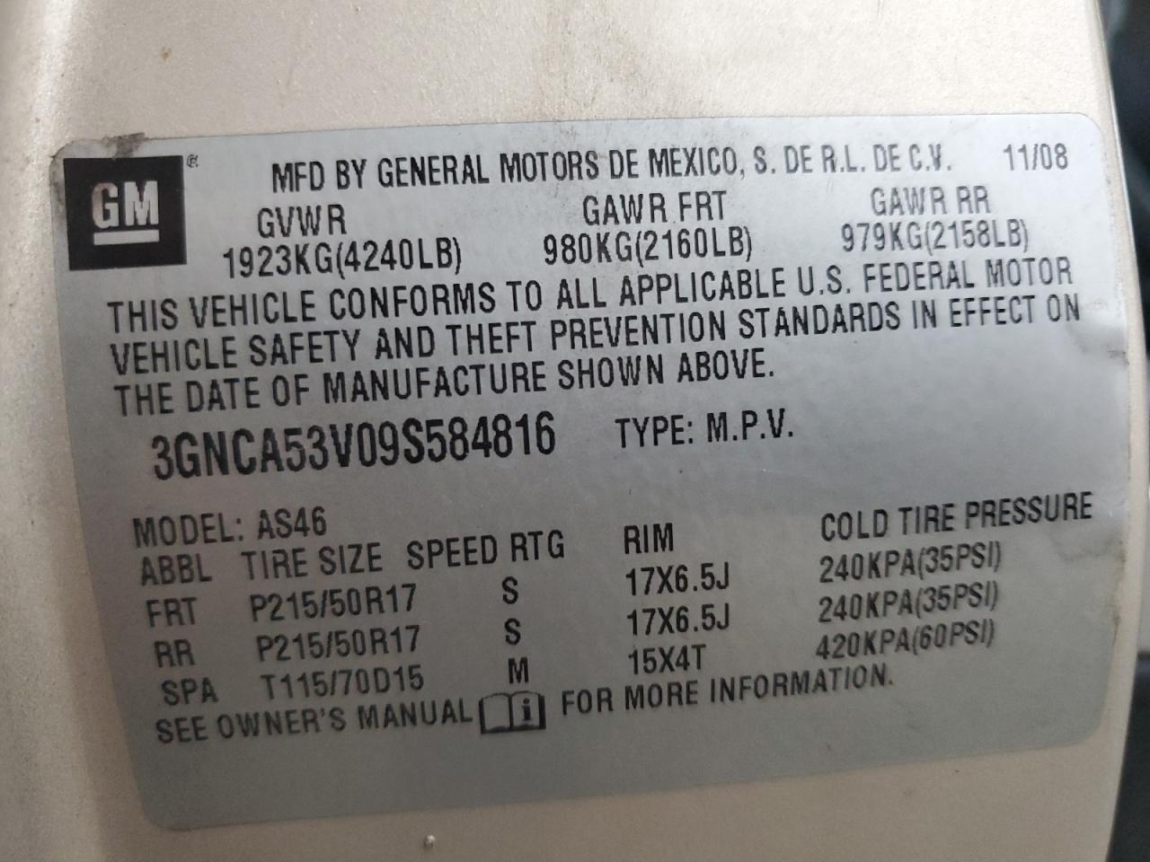 2009 Chevrolet Hhr Lt VIN: 3GNCA53V09S584816 Lot: 93513245