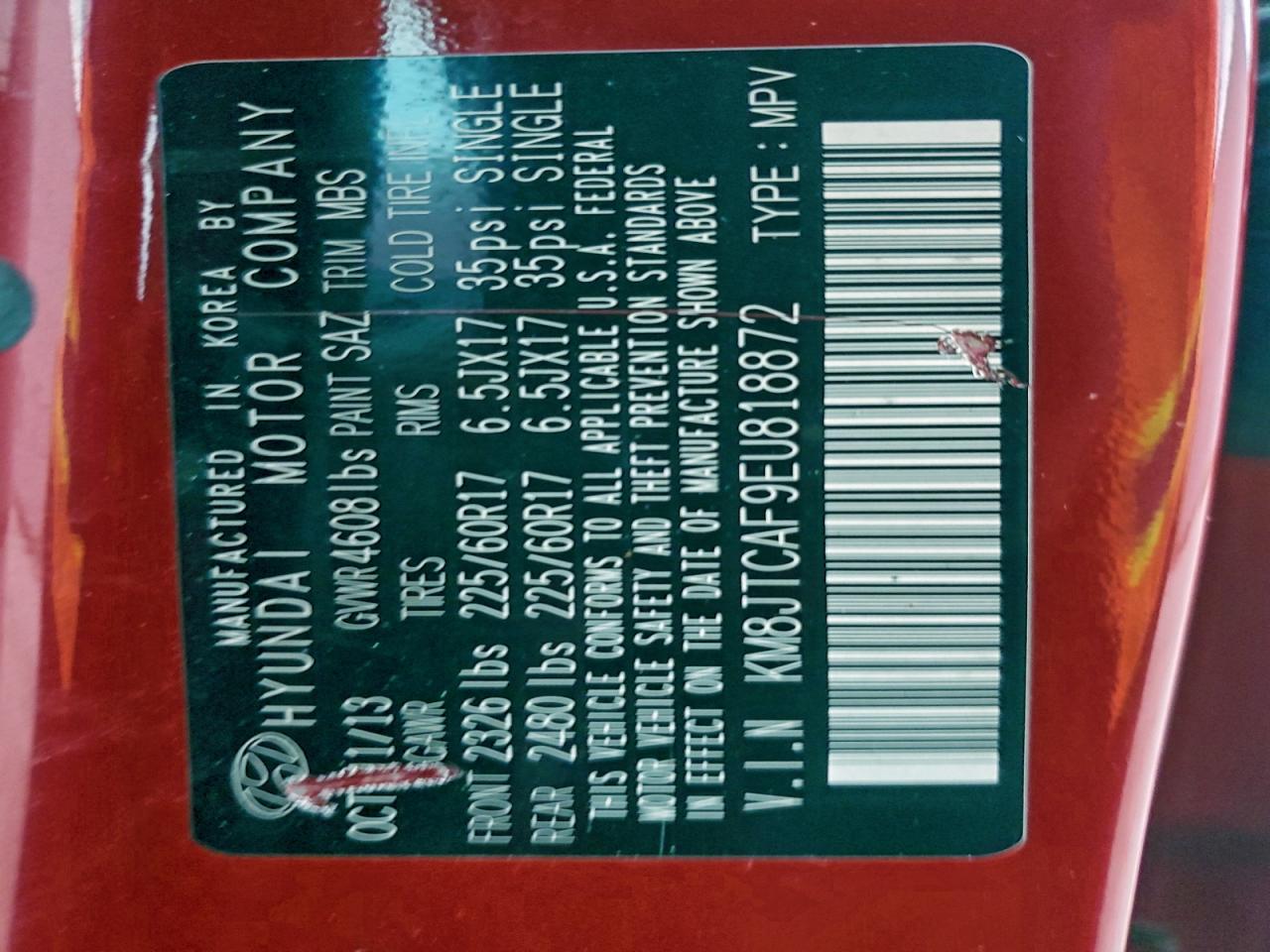 2014 Hyundai Tucson Gls VIN: KM8JTCAF9EU818872 Lot: 94985825