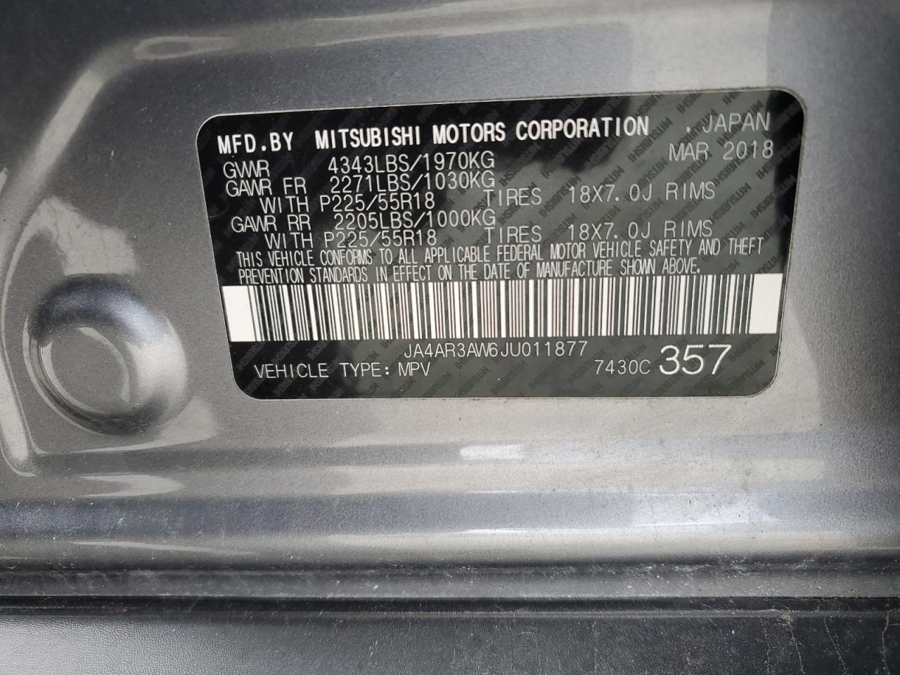 2018 Mitsubishi Outlander Sport Es VIN: JA4AR3AW6JU011877 Lot: 92261725