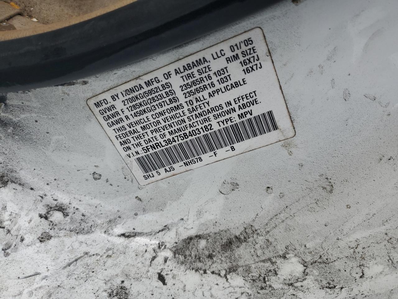 2005 Honda Odyssey Ex VIN: 5FNRL38475B403182 Lot: 93281135